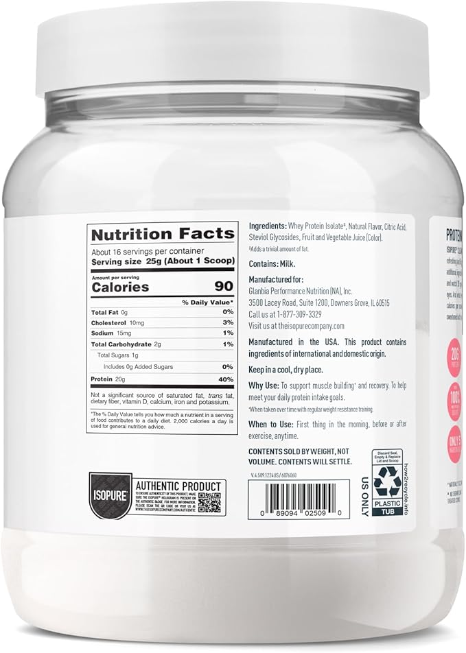 Isopure Clear Whey Isolate Protein Powder, Lactose Free, Gluten Free, Naturally Flavored, Tropical Punch, 20g Protein Per Serving, 14.1 Oz, 16 Servings (Packaging May Vary)