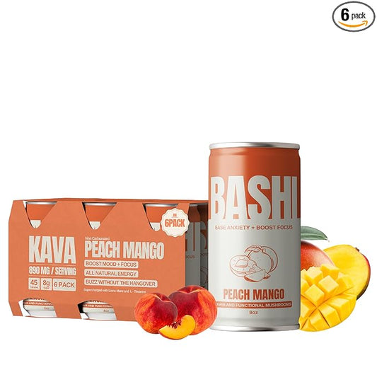 Bashi - Kava Drink Experience - Natural Relaxation & Stress Relief - Plant-Based Kava Extract - Non-Alcoholic, Caffeine Free - Peach Mango 8oz - 6 Pack