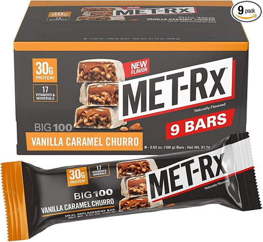 MET-Rx Big 100 Colossal Protein Bars, Vanilla Caramel Churro Meal Replacement Bars, Brown, 9 Count