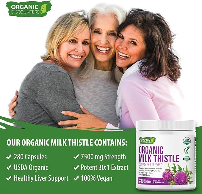 Organic Discounters Milk Thistle Capsules, 280 Count, 7500 mg Strength, Potent 30:1 Extract, USDA Certified Organic, Rich in Silymarin Flavonoids, Vegan, Non-GMO and All-Natural
