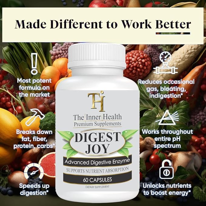 Digest Joy - Advanced Enzyme Blend for Optimal Digestion Support - Amylase, Lipase, Bromelain, Protease,Lactase & Other Enzymes(60 Vegetable Caps)