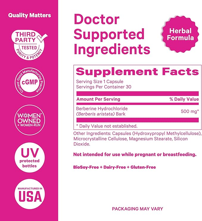Pink Stork Berberine 500mg - Nature's GLP-1 Supplement - Daily AMPK Metabolic Activator - 500-1000 mg Metabolism + Gut Health for Women | Third-Party Tested | Vegan | Non-GMO| 30 Capsules