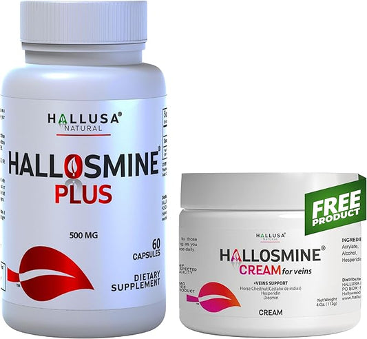 Hallosmine Plus Diosmin 500mg + Free Cream for Veins - Support for Circulation and Veins - Leg Circulation, Heavy Legs, Tired Legs, Visible Veins, Varicose Veins - 60 Capsules + 01 Cream 4 oz