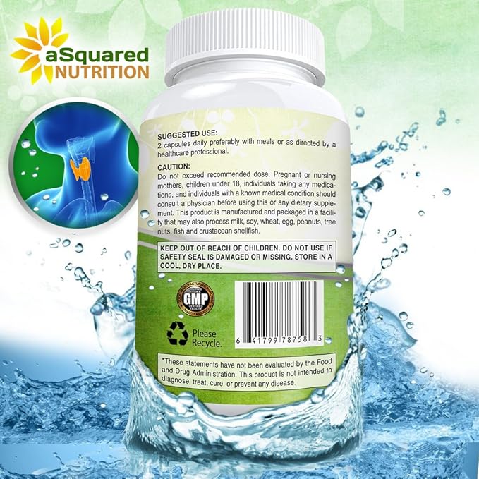 aSquared Nutrition Premium Thyroid Support Supplement with Iodine (180 Capsules) - Best Herbal & Vitamin Complex Pills w/ B12, Ashwagandha, Bladderwrack & Kelp - Helper for Healthy Hormone & Energy