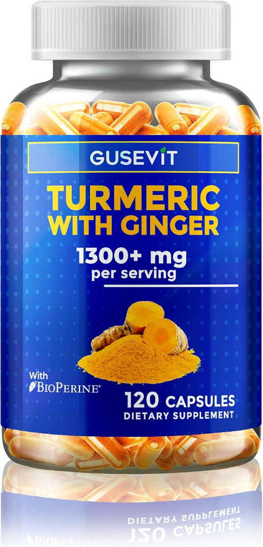 Turmeric + Ginger Extract + BioPerine for Best Absorption (Black Pepper Extract), 1,300+ mg per Serving, Turmeric 95% Curcuminoids, 120 Capsules, 60 Days Supply, GMP Facility