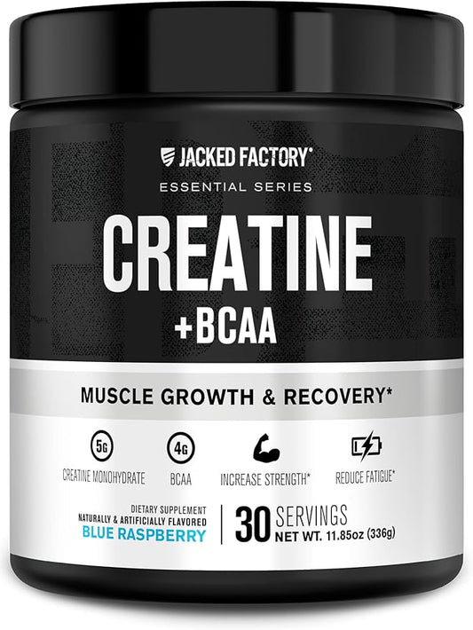 Jacked Factory Creatine + BCAAs - Creatine Monohydrate + BCAA Powder for Increased Post-Workout Recovery, Performance, Lean Muscle Growth, & Reduced Fatigue - 30 Servings, Blue Raspberry