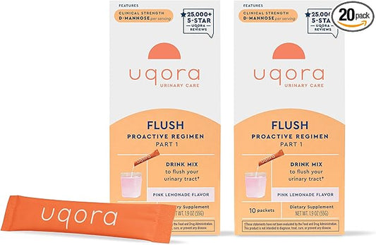 Uqora Flush - Urinary Tract* with D-Mannose, Vitamin C, Vitamin B6, Potassium, Magnesium & Calcium - Gluten-Free & Vegan - Pink Lemonade Flavor - 20 Packets (2 Pack)