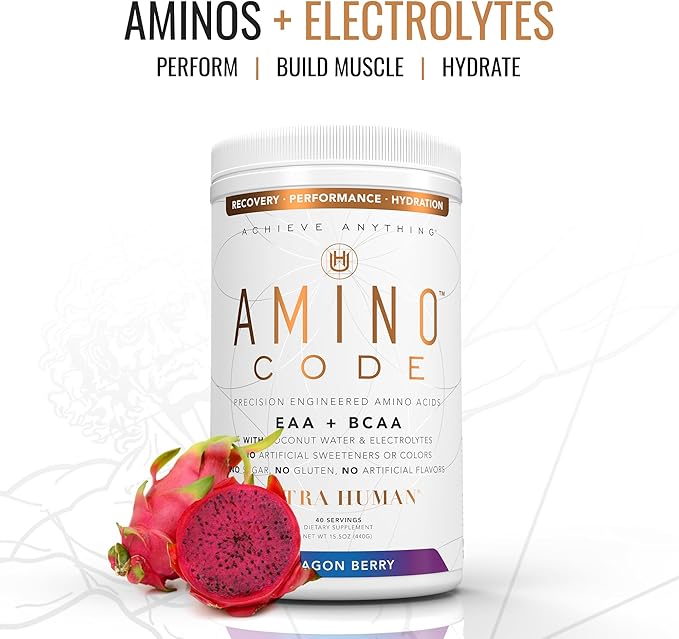 Ultra Human Amino Code | Essential Amino Acids + BCAAs + Coconut Water Electrolytes | Fast Hydration Workout Recovery Flavored Amino Energy Powder Drink | Clean Formula, 40 Servings - Dragonberry