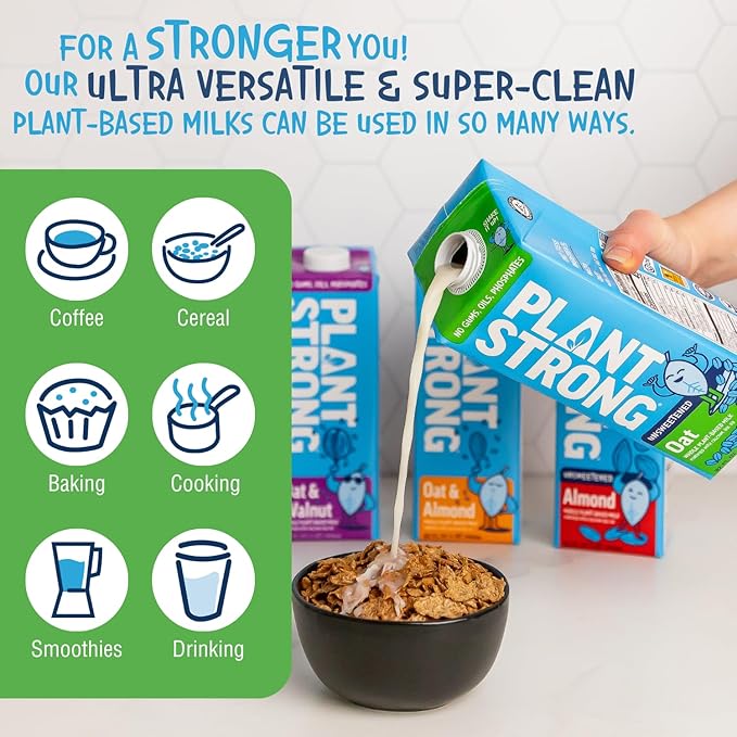 PLANTSTRONG Oat Milk Unsweetened 32oz (6 Pack) - NON-GMO - Plant Based, Vegan - Gluten Free Dairy Free - Shelf Stable - Lactose Free Milk - No Gums or Oils