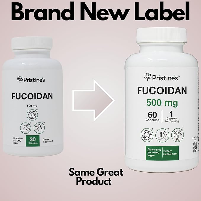PRISTINE'S Fucoidan 500MG Immunity Supplement Capsules - 60 Day Supply - Brown Seaweed Extract - Potent Herbal Antioxidant Lung Health & Skin Health Support