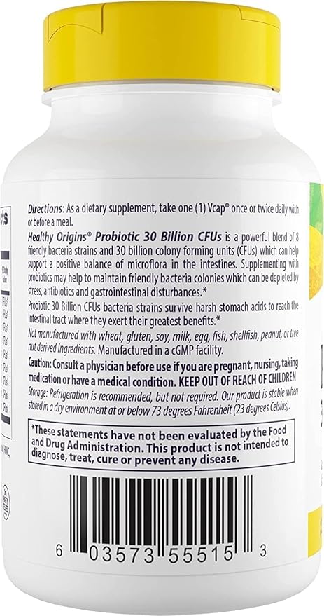 Healthy Origins Probiotic 30 Billion CFU's (Shelf Stable, Non-GMO, Gluten Free, Digestive Health, Gut Health, Immune Support), 60 Veggie Caps