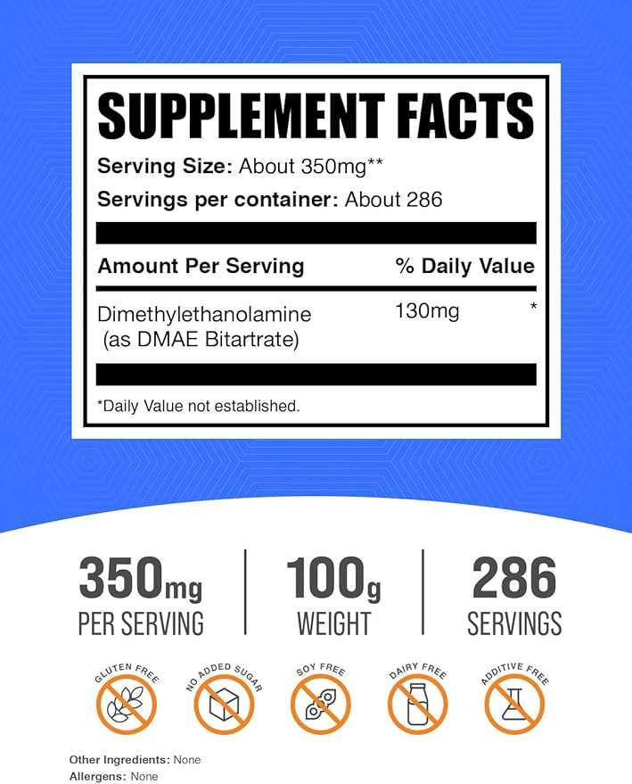 BulkSupplements.com DMAE Bitartrate Powder - Dimethylaminoethanol Bitartrate, DMAE Supplement - Unflavored & Gluten Free, 350mg per Serving, 100g (3.5 oz) (Pack of 1)