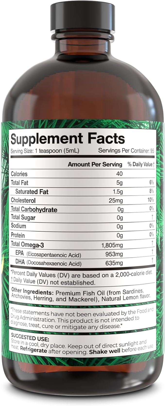 Premium Omega-3 Fish Oil Liquid Supplement | 1805mg EPA & DHA per Serving | Brain, Heart & Joint Support | High Absorption, No Fishy Burps | Natural Lemon Flavor | 16.1oz | 96 Servings
