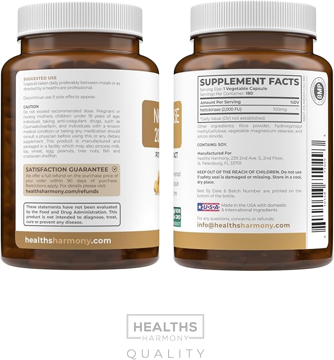 Healths Harmony Nattokinase 2000 FU (Non-GMO) Powerful Nattokinase Supplement Made from Naturally Fermented Soybeans - (6 Month Supply) 180 Vegan Natto Capsules