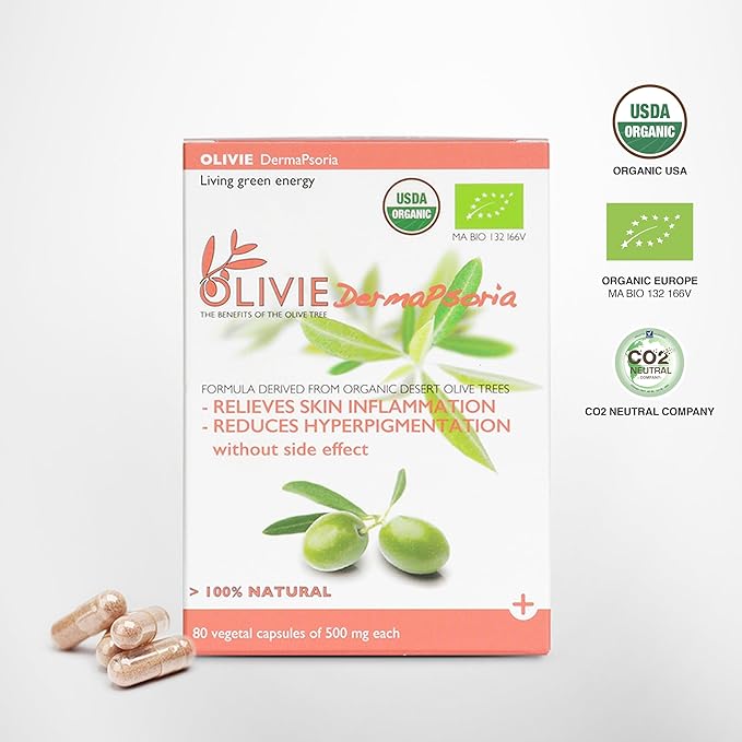 Organic Olive Leaf Extract Supplement for Women and Men by OLIVIE | DermaPsoria Supplement for Psoriasis, Eczema, Hyperpigmentation | Olive Oil Capsules | Antioxidant Polyphenols | 80 Vegetal Capsules