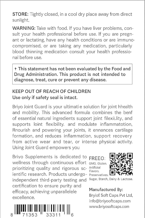 Briyo Joint Health Supplement All Around Joint Guard- with Collagen, Hyaluronic Acid, MSM & Boswellia, Quercetin, Bromelain and More for Cartilage, Joint Health & Flexibility, 30 Capsules