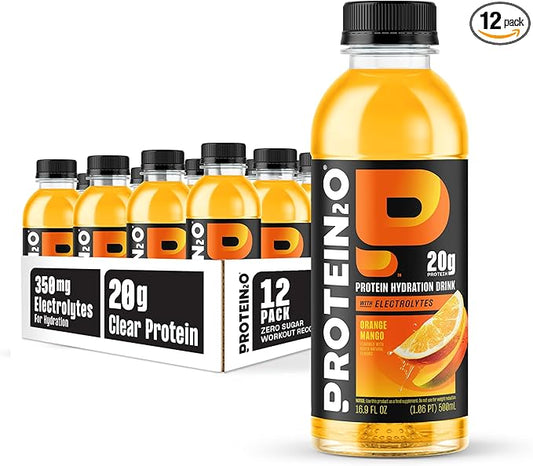 Protein2o Hydration Drink - 2-in-1 Liquid Clear Whey Protein Isolate and Electrolyte Drink - 20g Protein, Vitamins B5, B6 - Post-Workout Recovery - 16.9 Fl Oz - 12 Count Orange Mango