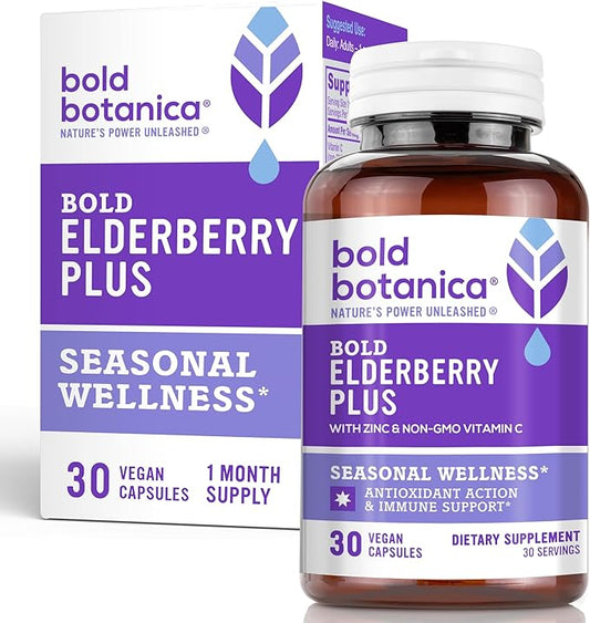 Elderberry Plus - 65x Concentrated Black Elderberry Extract with Zinc & Vitamin C for Daily Immune Support & Seasonal Wellness - Non-GMO, 30 Vegan Capsules