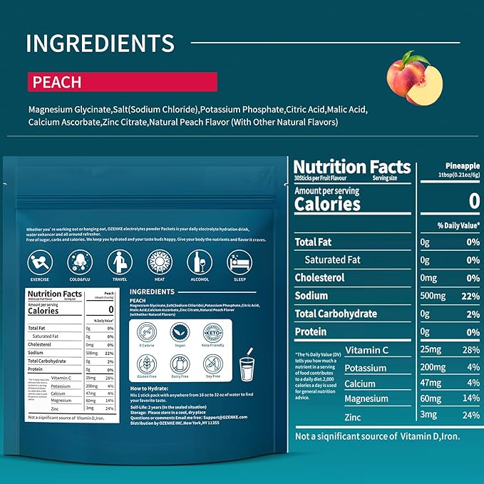 Electrolytes Powder Packets, 30 Sticks Hydration Packets Sugar Free, Electrolyte Drink Mix Portable Electrolyte Packets for Rapid Hydration, 0 Sugar & 0 Calorie, Peach Flavor
