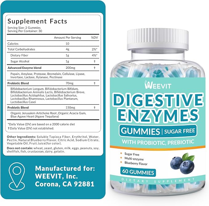 Digestive Enzymes Gummies - 2 Months Supply - Chewable Digestive Enzymes Gummy with Probiotics & Prebiotics Blend for Women Men, Sugar Free | Vegan | Blueberry Flavored (Pack of 2)