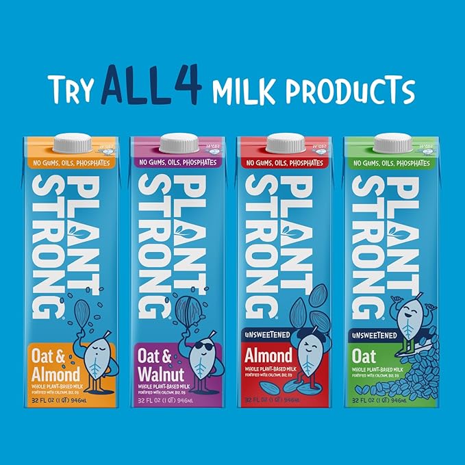 PLANTSTRONG Oat & Almond Milk 32oz (6 Pack) - NON-GMO - Plant Based, Vegan - Gluten Free Dairy Free - Shelf Stable - Lactose Free Milk - No Gums or Oils