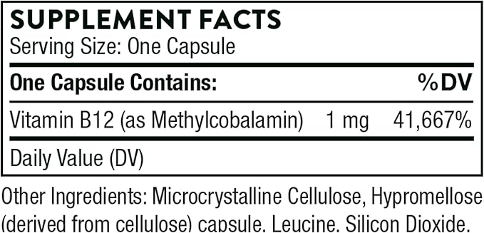 THORNE - Vitamin B12 - as Methylcobalamin - Supports Heart & Nerve Health, Blood Cell Function, Healthy Sleep & Methylation* - Gluten, Dairy & Soy-Free - 60 Capsules