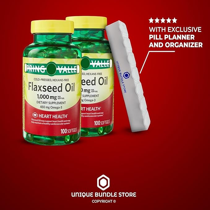 Flaxseed Oil 1000mg, 100 Softgels - Dietary Supplement + 7 Day Pill Organizer Included (Pack of 2)
