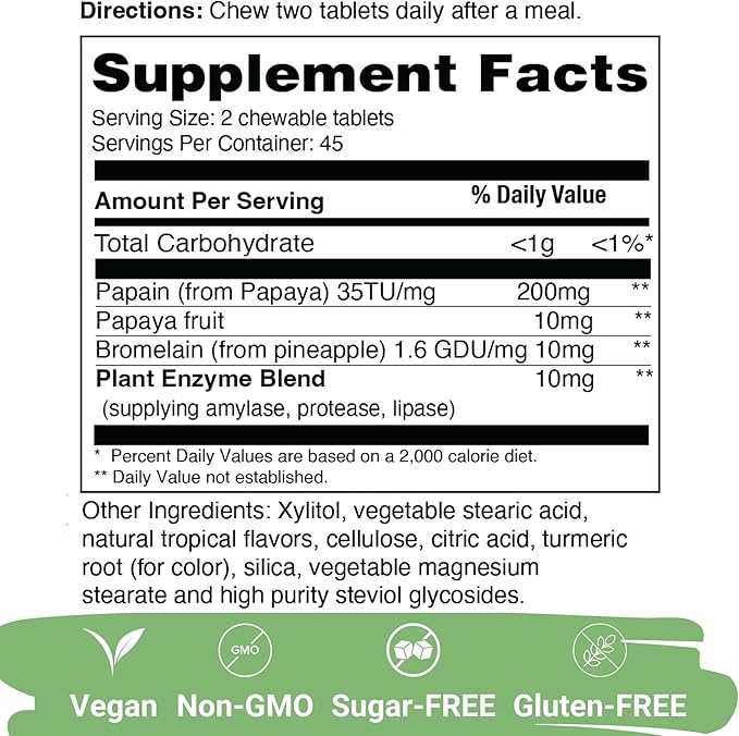 Yuve Natural Papaya Digestive Enzymes - Sugar-Free Chewable Candies - Promotes Better Digestion - Constipation & Bloating Aid, Detox, Leaky Gut Repair & Gas Relief - Vegan, Non-GMO (2 Pack of 90ct)