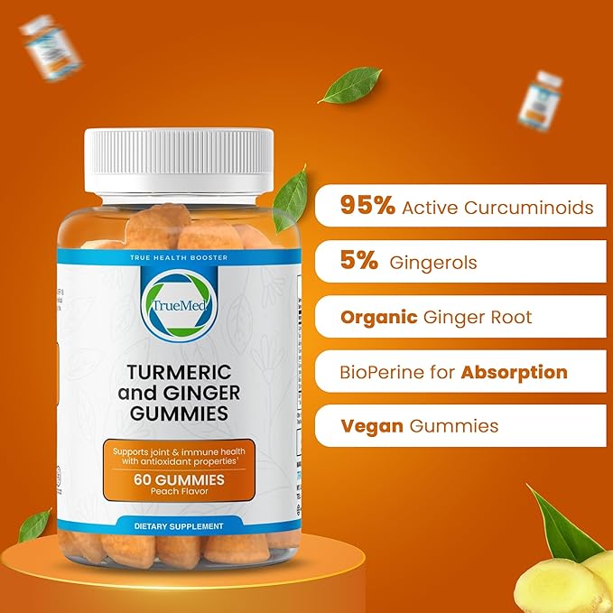 Turmeric and Ginger Supplement Gummies, Organic Turmeric Curcumin,95% Curcuminoids 5% Gingerols Root, Joint Health & Inflammation Support with Black Pepper Extract, Peach Flavor, USA Made -60 Count