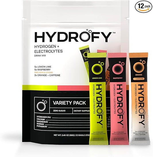 Hydrogen Water + Electrolytes Drink Mix - Variety Pack | H2 Hydration Packets with Molecular Hydrogen, Sodium, Potassium, Magnesium | Lemon Lime, Raspberry, Orange + Caffeine | 12 Count