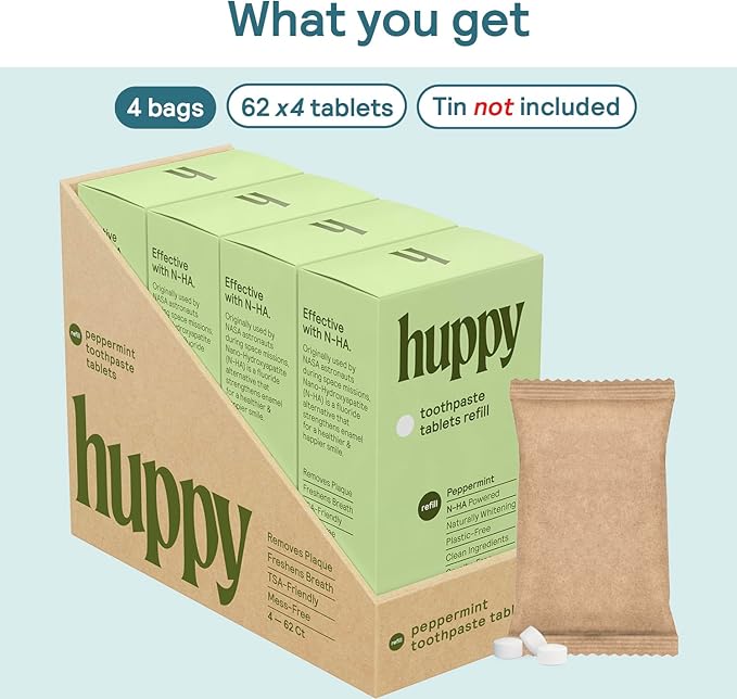 HUPPY Toothpaste Tablets, Nano Hydroxyapatite Toothpaste - Natural Whitening, Fluoride Free and Remineralizing Tablets - Travel Hydroxyapatite Tabs (4 Month Refill no Refillable Tin)