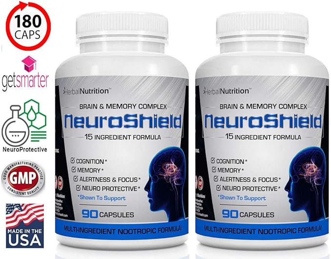 NeuroShield, Brain Supplement a Nootropic Brain Booster and Memory Supplement, Contains Huperzine A, Ginko Biloba, Bacopa Plus Antioxidants for Brain Health, Multi-Ingredients, 2 Bottles, 180 Capsules