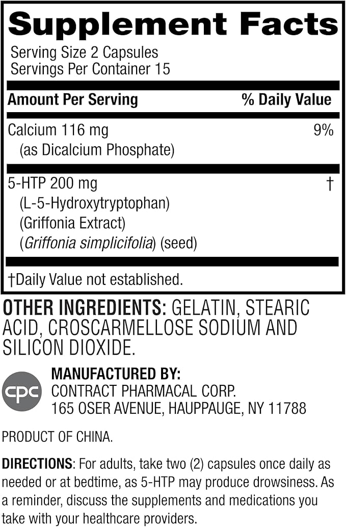 Earth's Splendor 5-HTP Supplement for Men & Women, No Artificial Preservatives Color or Flavor Non-GMO 100 MG