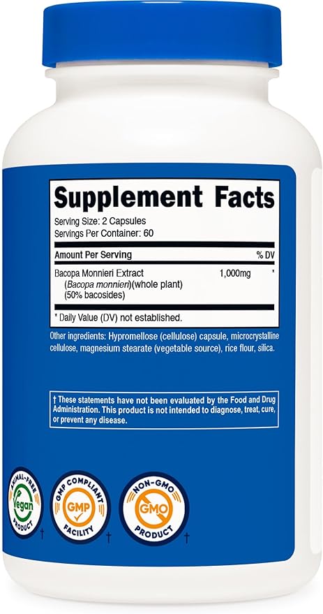 Nutricost Bacopa Monnieri 1,000mg, 120 Capsules (60 Servings) - Non-GMO, Gluten Free, and Vegetarian Friendly