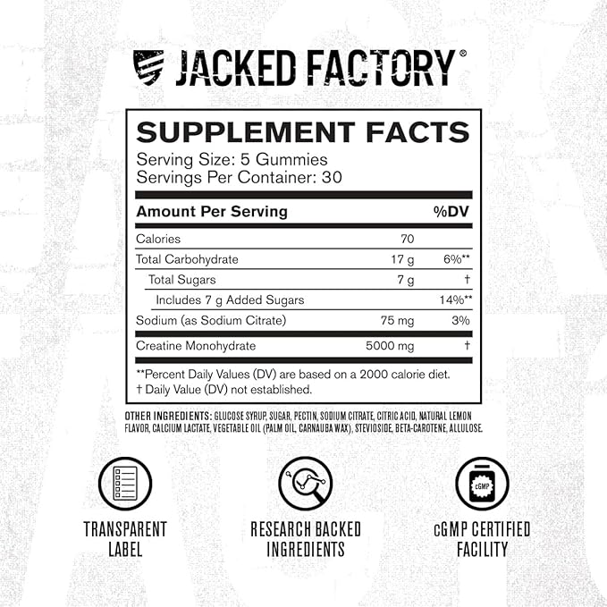 Jacked Factory Creatine Monohydrate Gummies 5g Daily Dose (1g per Gummy) - Creatine Gummy for Men and Women, Vegan-Friendly, Travel-Friendly, Third-Party Tested - 150 Gummies, Lemon