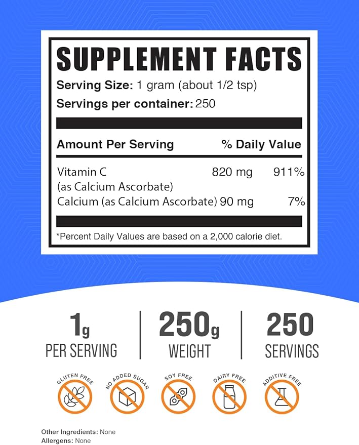 BulkSupplements.com Calcium Ascorbate Powder - Buffered Vitamin C, Calcium Supplement with Vitamin C - Gluten Free, 1g per Serving, 250g (8.8 oz) (Pack of 1)