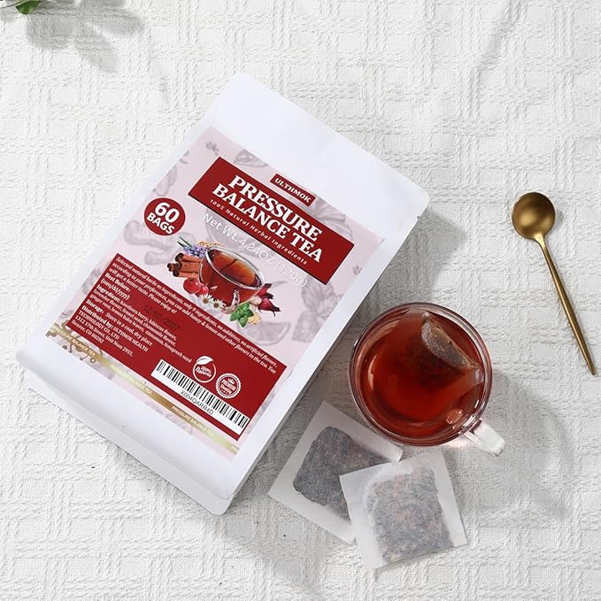 Premium 60 Heart Functional Tea Bags, 9 Natural Superherbs, Pressure Balance Tea, No Artificial Flavors & Caffeine Free.