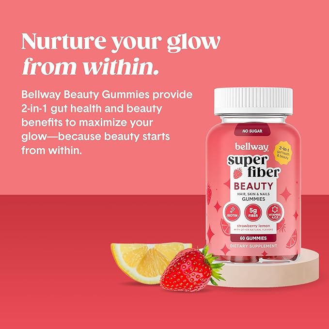 Bellway Super Fiber Gummies + Beauty – Sugar Free Fiber Supplement with Biotin & Vitamins A C E – Supports Digestive Health, Skin, Hair & Nails - 60 Count