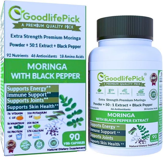 Premium Moringa Capsules. with Black Pepper from Handpicked Moringa Leaves with 50:1 Extract & Moringa Powder for Overall Wellness 90ct AllNatural NonGMO Lab-Tested No Rice Powder No Filler Vegan