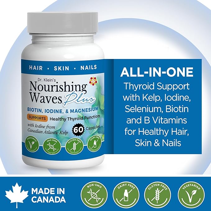 Nourishing Waves Plus - Thyroid Support Supplement with Kelp, Iodine, Selenium & Biotin - Vitamin B Complex (B1, B3, B6) for Healthy Hair, Skin & Nails for Men & Women, Prevent Hair Loss - 60 Capsules