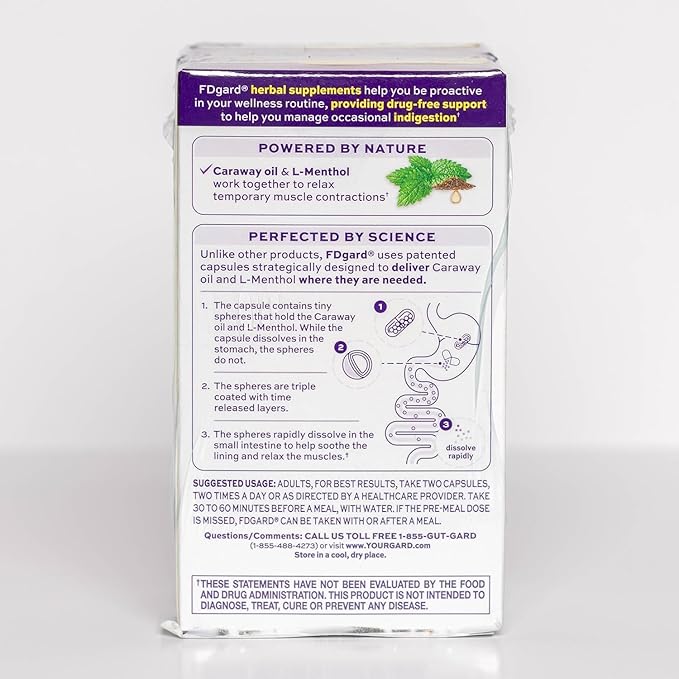 FDgard Gut Health Supplement, Indigestion, Nausea & Bloating, Upset Stomach, 72 Capsules