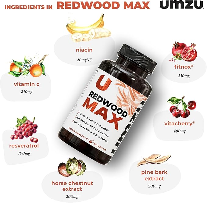 UMZU Redwood Max Nitric Oxide Booster, 1-Month Supply – Advanced Nitric Oxide Supplement with Fitnox Blend, Pine Bark, Resveratrol & Tart Cherry – Promotes Healthy Circulation, Energy and Recovery