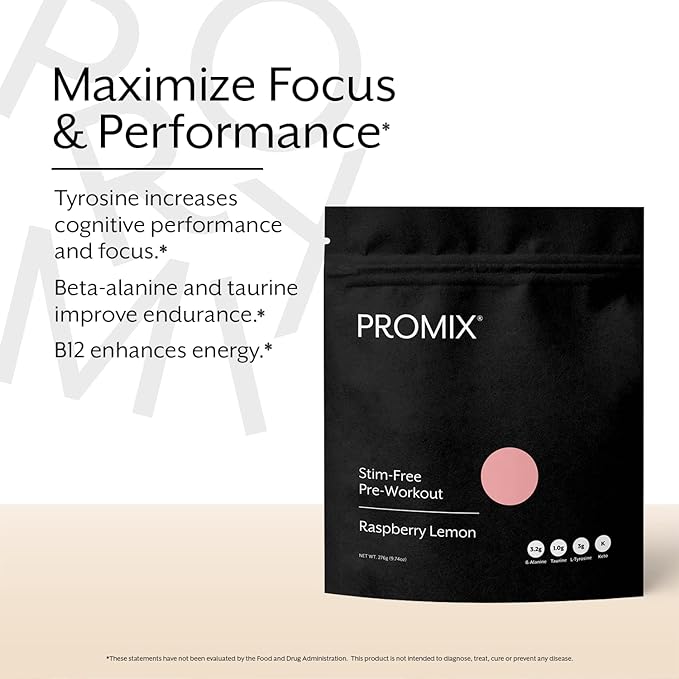 ProMix Nutrition Stim-Free Pre-Workout Powder, Raspberry Lemon - 274g - Maximize Focus, Energy & Performance - Vitamin B12, Taurine, Beta-Alanine & L-Tyrosine - 30 Servings (Pack of 1)