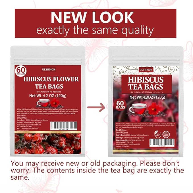 Premium Hibiscus Tea Bags,60 Tea Bags 2g /4.24 Oz,100% Pure Dried Hibiscus Flower,Natural & No Additives,Caffeine Free.
