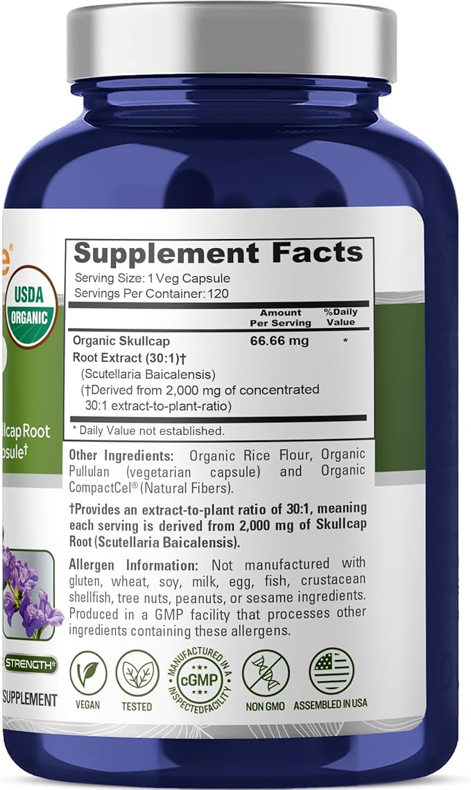 NusaPure Organic Skullcap Root 30:1 Extract, 66.66 mg Equivalent to 2,000mg Per Veggie Caps 120 Count (Non-GMO, Vegan)