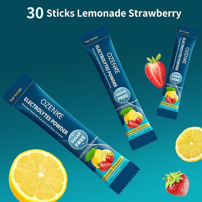 Electrolytes Powder Packets, 30 Sticks Hydration Packets Sugar Free, Electrolyte Drink Mix Portable Electrolyte Packets for Rapid Hydration, 0 Sugar & 0 Calorie, Lemon & Strawberry Flavor