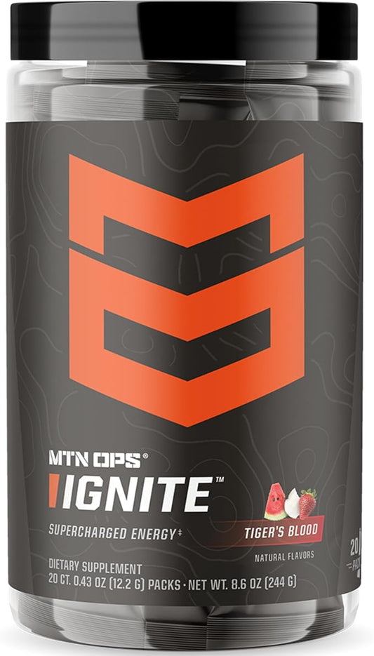 MTN OPS Ignite Trail Packs Energy Drink Powder, Gluten Free Nootropic Supplement Drink Mix, L Arginine, L Citrulline, Caffeine & Nootropic Sugar Free Drink Mix, 20 Servings, Tiger's Blood