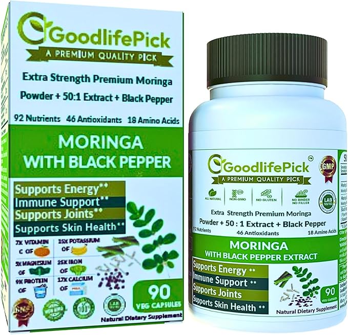 Premium Moringa Capsules with Black Pepper. Moringa Oleifera Powder & 50:1 Moringa Extract for Maximum Benefits 90ct All Natural NonGMO No Rice Powder No Stearate No Silicon Vegan