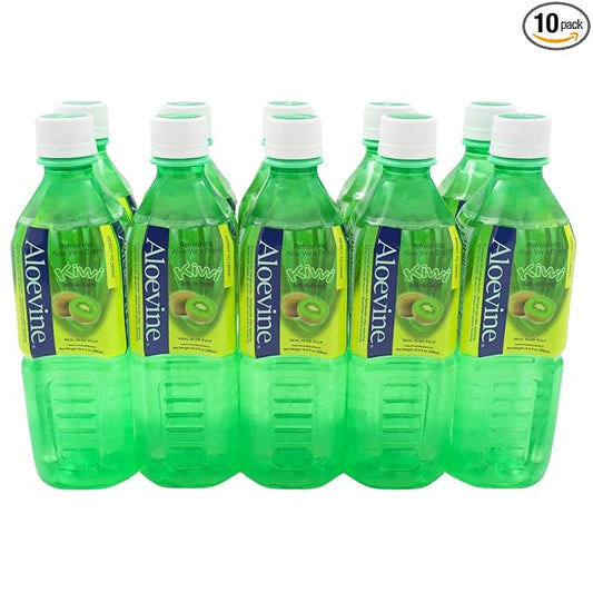 Aloevine Aloe Vera Drink Kiwi healthy juice pure with chunks of aloe l 16.9 oz. 10 pack l plant based Vegetable Korean drinks