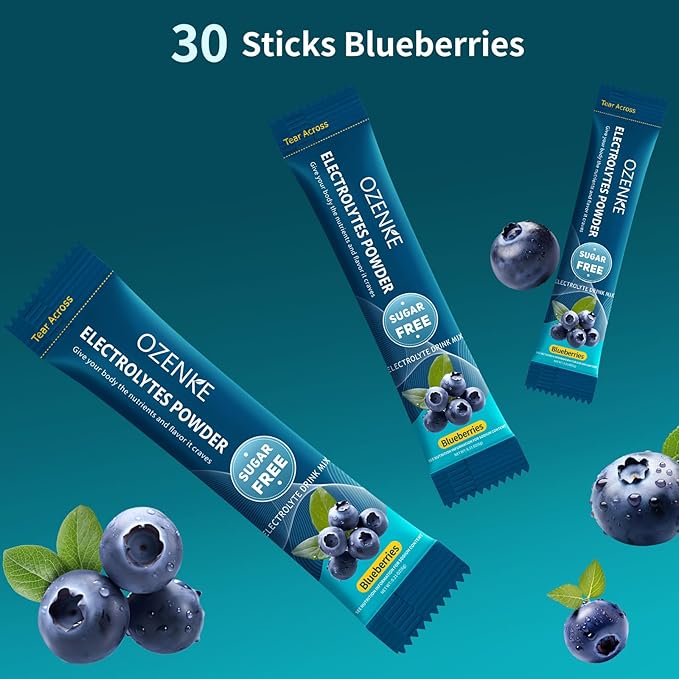 Electrolytes Powder Packets, 30 Sticks Hydration Packets Sugar Free, Electrolyte Drink Mix Portable Electrolyte Packets for Rapid Hydration, 0 Sugar & 0 Calorie, Blueberry Flavor